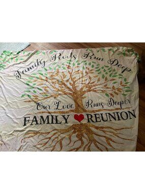 Family Reunion Tree Tapestry With "Family Roots Run Deep" Quote - Gold Green & R